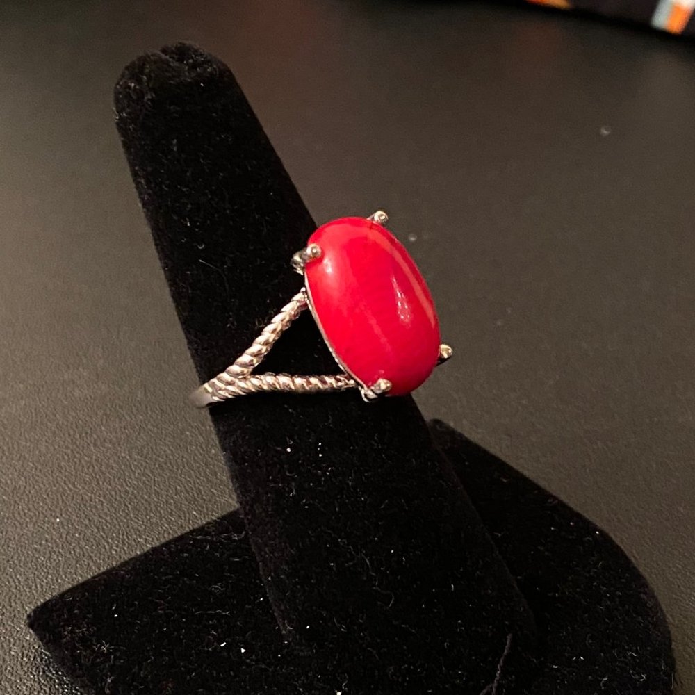 Large Red Coral and Sterling Silver Ring, Size 7